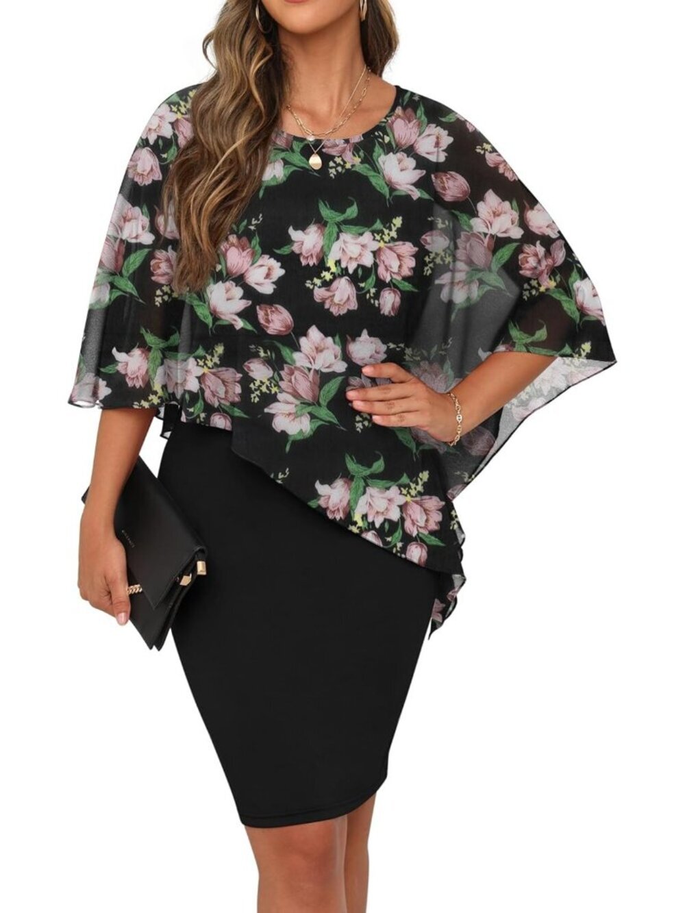 Women's Summer Casual Loose Black Kapok Knee Length Chiffon Flowy Elegant Dress